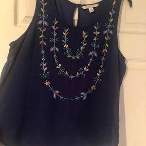 LC Lauren Conrad Navy Blue Embroidered Tank Blouse